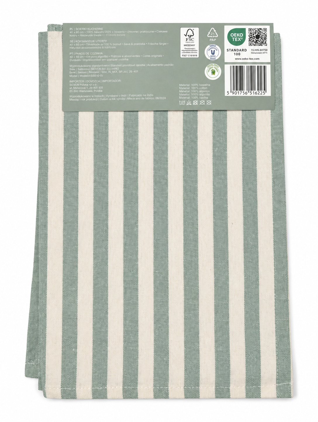 Randiga kökshandduk 2-pack - grön/vit