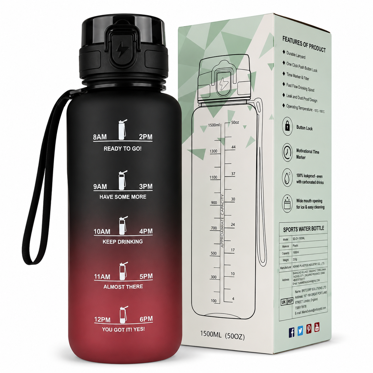 Sportvattenflaska 1500 ml - svart/röd